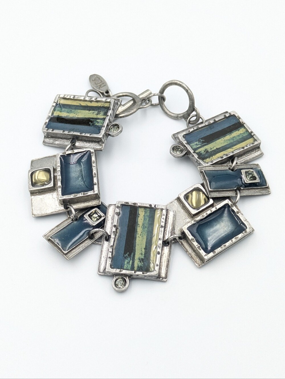 NES Montreal Modernist Brutalist Linked Panel Silver Tone Bracelet Signed